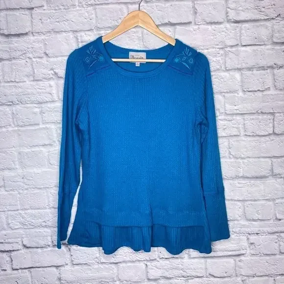 Wrangler Medium M Blue Waffle Thermal Knit Ruffle Floral Embroidered Top Shirt - Picture 2 of 5